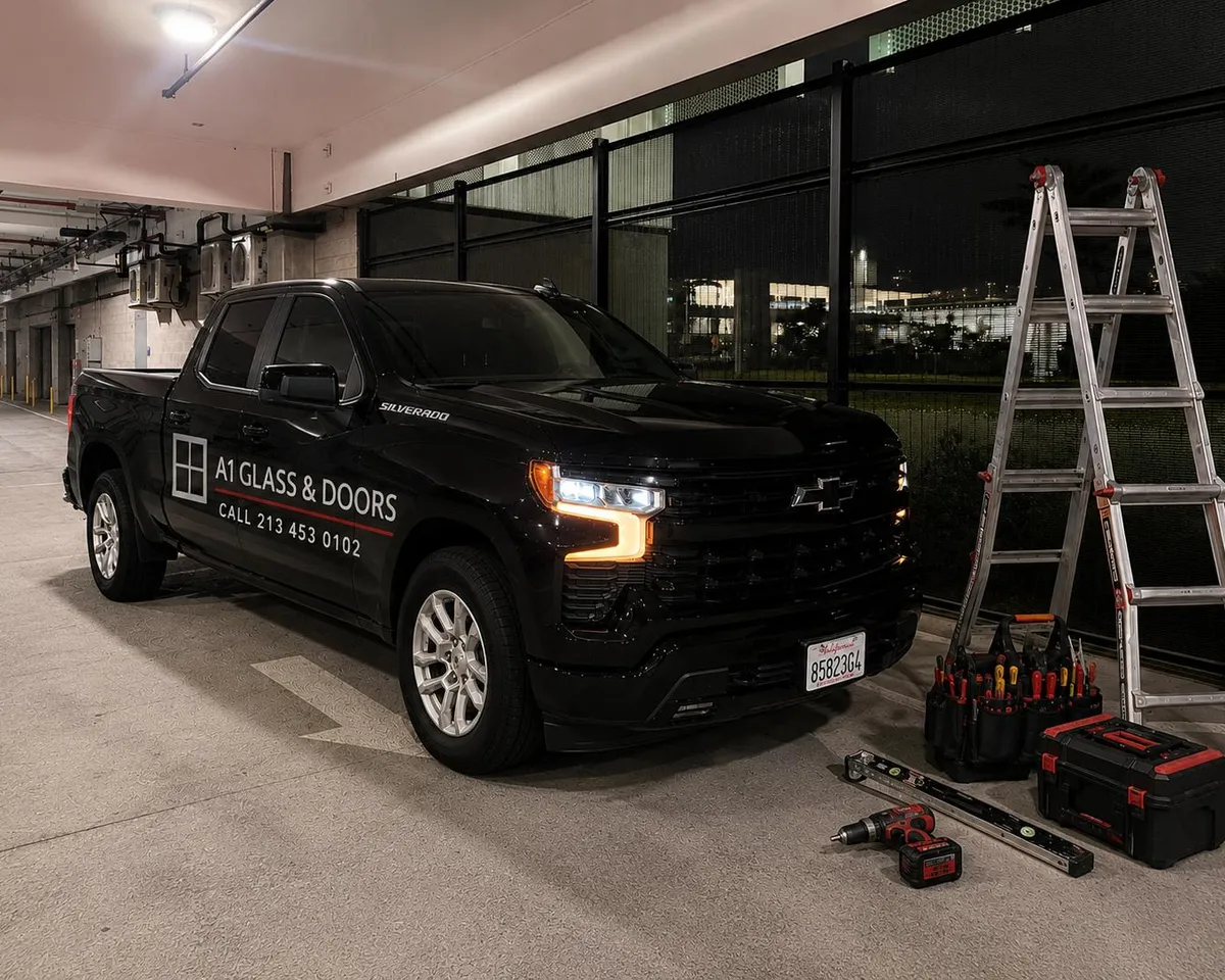 A1 Glass & Doors work truck stocked with installation tools